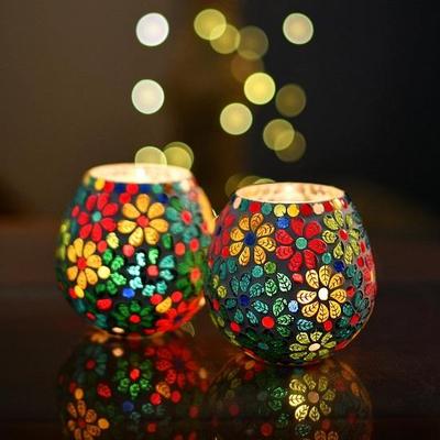 Tealight Candle Holders for Home Decor, Mosaic Glass, Flowers Diwali Decoration Items, Diwali Decoration Item for  Pack of 2