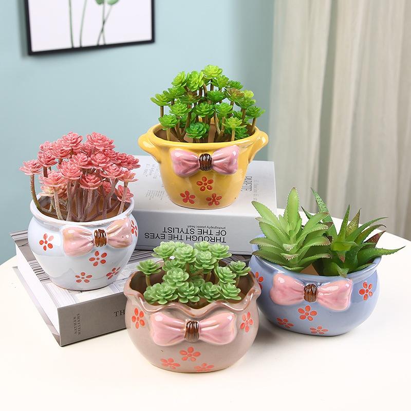 Niedlicher Blumentopf mit Schleife, Sukkulententopf, Keramik-Pflanzgefäß, Heimdekoration, Desktop-Ornamente, Bonsai-Blumentopf, Gartendekoration