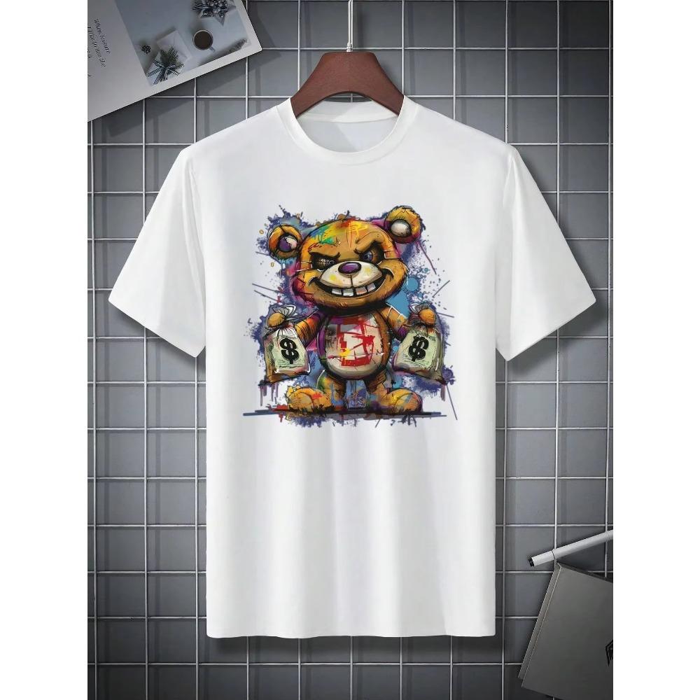 Men's 100% cotton summer loose size Cartoon Bear Pattern printed slim fit casual sports round neck short sleeved T-shirt top