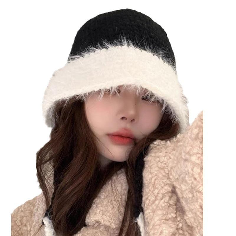 Zimowy kapelusz typu bucket damski z paskiem w dopasowanych kolorach, uroczy kapelusz podróżny, ciepły kapelusz dziergany, ochrona uszu, modny wełniany kapelusz, trend