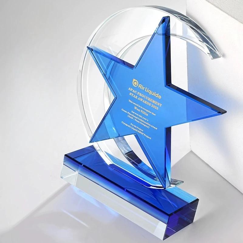 Customized Crystal Trophy, Annual Meeting Celebration Excellent Sports Souvenir Home Decoration, Blue Pentagram Glass Medal, 1Pc