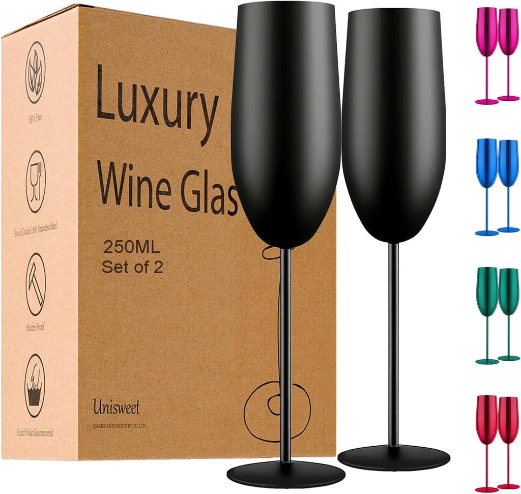 Stainless Steel Champagne Flutes Set of 2, Gold Unbreakable 8.5 oz for Wedding, Party, Christmas, Anniversary, Birthday Gifts