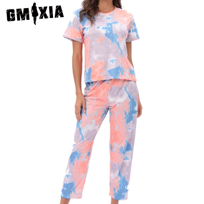 

GMXIA Женская домашняя пижама с леопардовым принтом и принтом тай-дай, комплект из двух предметов с короткими рукавами и длинными брюками XL