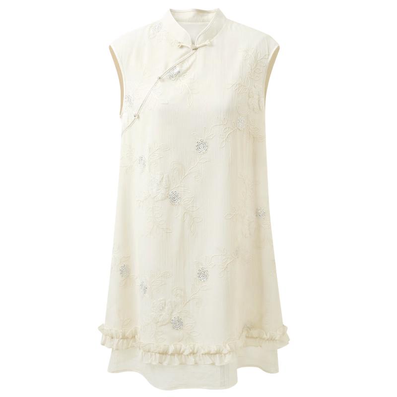 Sancai New Chinese Style Embroidered Sleeveless A-line Dress S