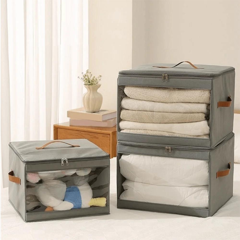 Non-woven Fabric Square Storage Box Large Capacity Zippered Clear View Clothes Storage Box with Handle Folding Clothes Organizer