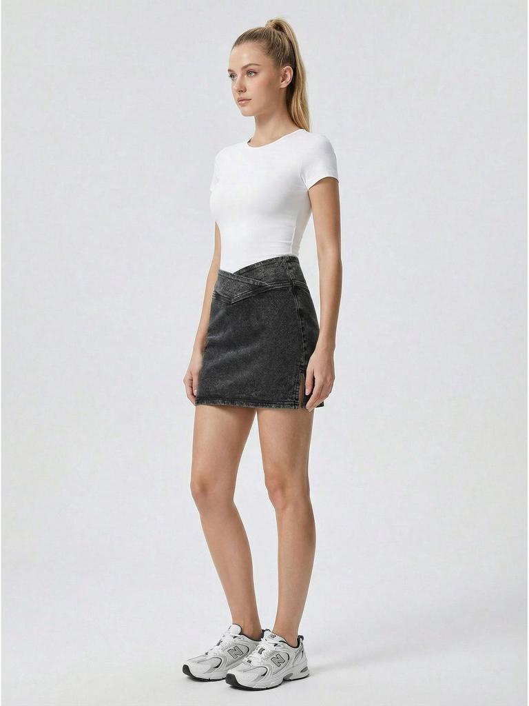 Stylish High-Waist Slit Faux Denim A-line Mini Skirt
