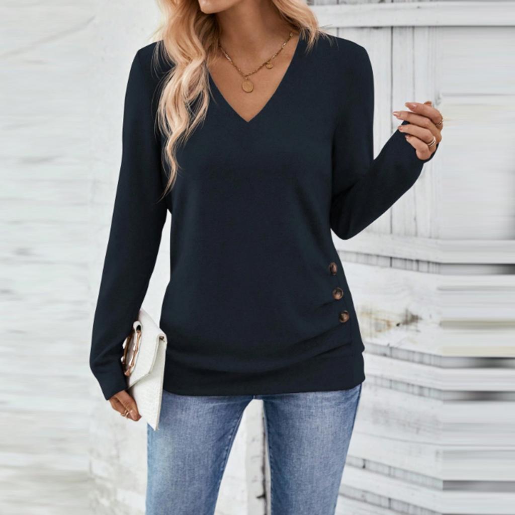 Women's Casual Fashion Solid Color V-Neck Long Sleeve Button Top