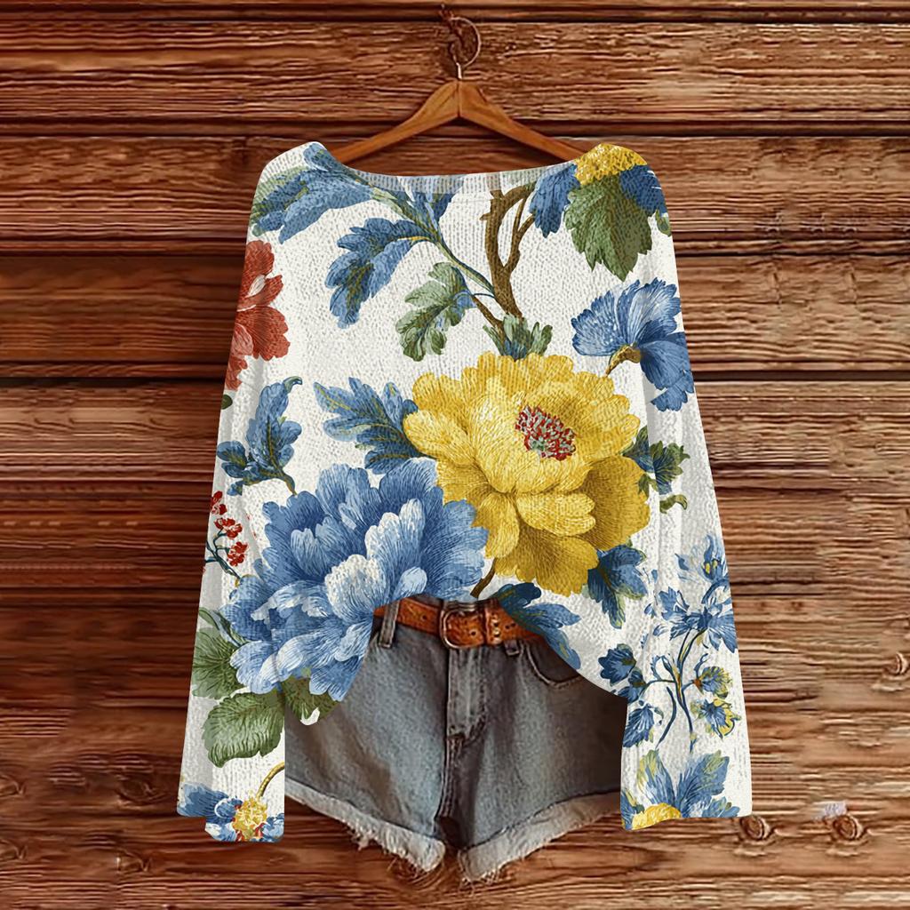 Women's Lightweight Sweater Casual Long Sleeve Knitted Vintage Floral Print Pullover