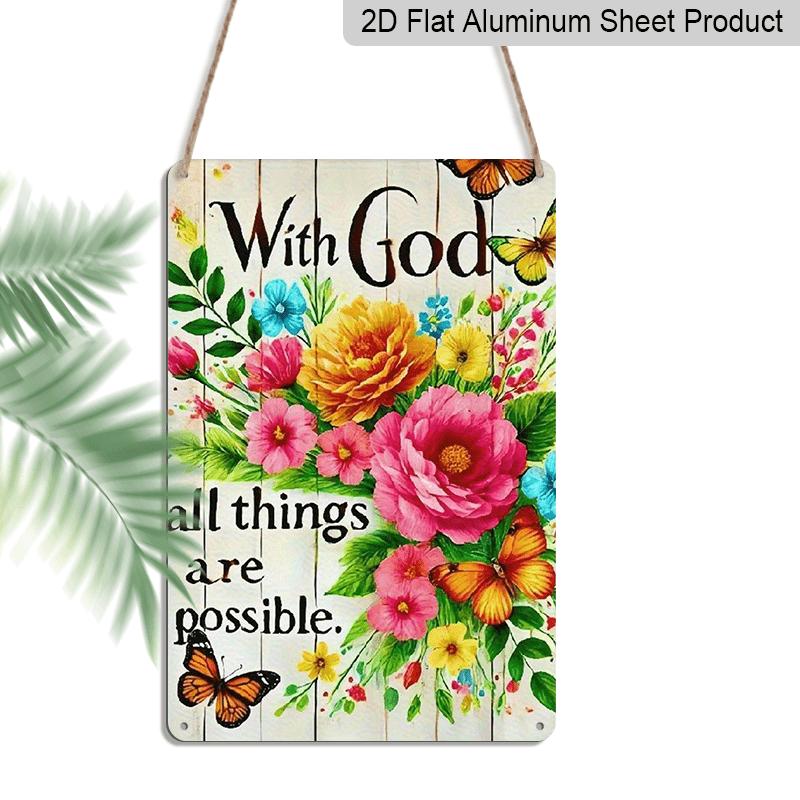 2D Flat 1pc Vintage Metal Wall Art Sign  with God All Things Are Possible  - Floral & Butterfly Bible Verse Decor, 12x8 Inch Rustic Farmhouse 20*30cm