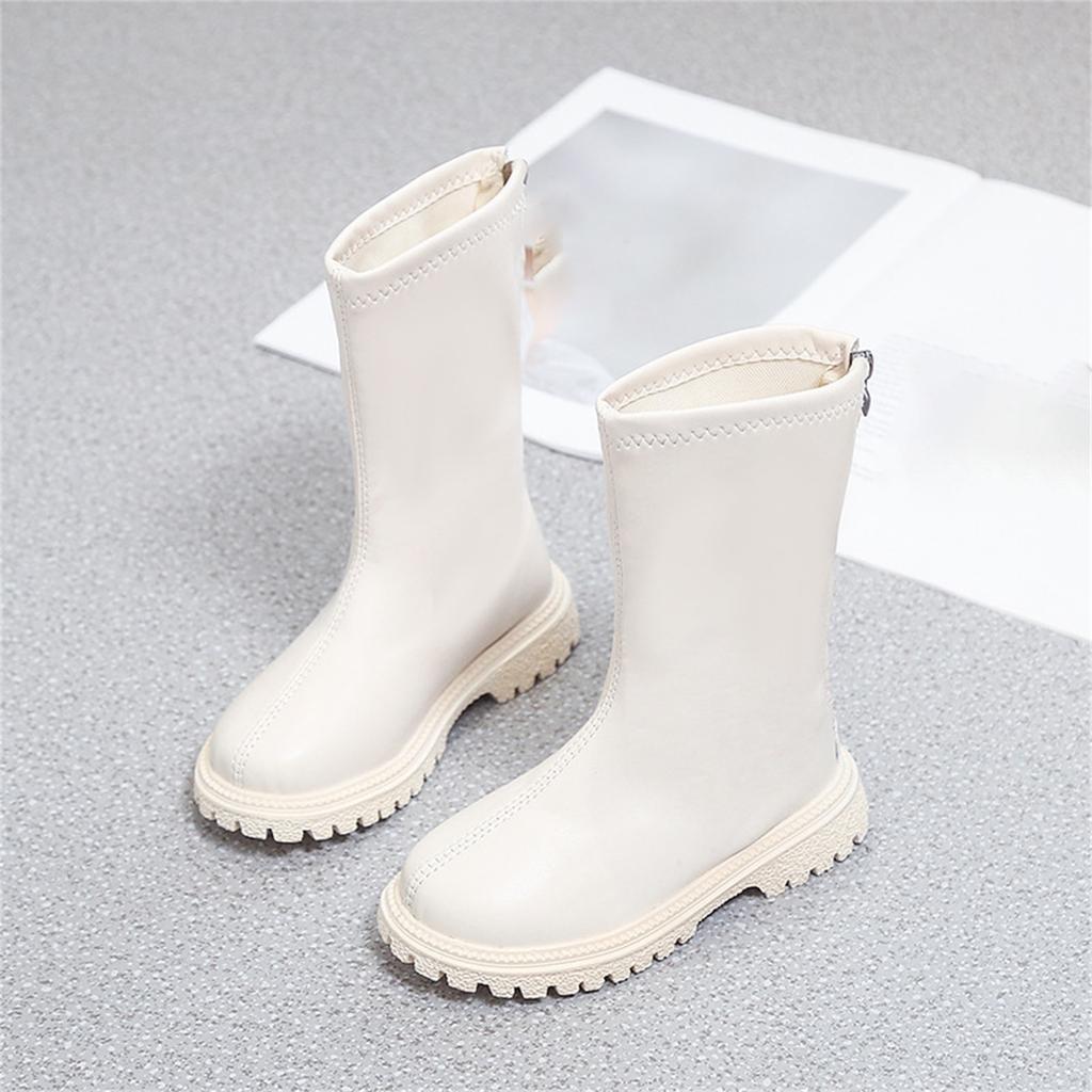 Children's Fashion Round Toe Mid-Calf Leather Boots with Back Zipper