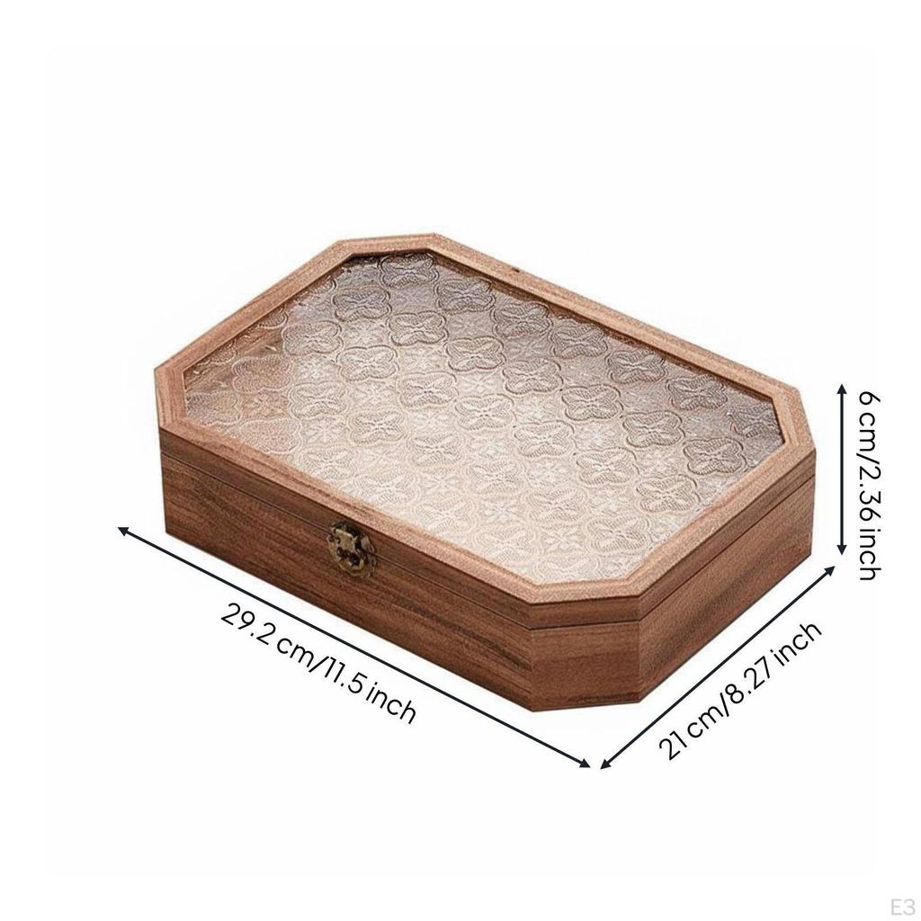 Glass Top Wooden Box Dustproof Retro Cosmetic Organizer Lidded with Clasp Vintage Jewelry