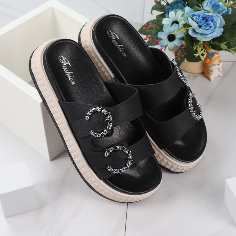 Women's Slippers Summer New Thick Bottom Round Head Hollow Rhinestone Sandals Casual Comfort Increase Wear Slippers