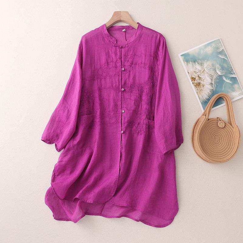 3229 Women's Cotton Linen Embroidered Oversized Sun Protection Shirt - Lightweight & Breathable, Retro Seven-Sleeve Summer Style