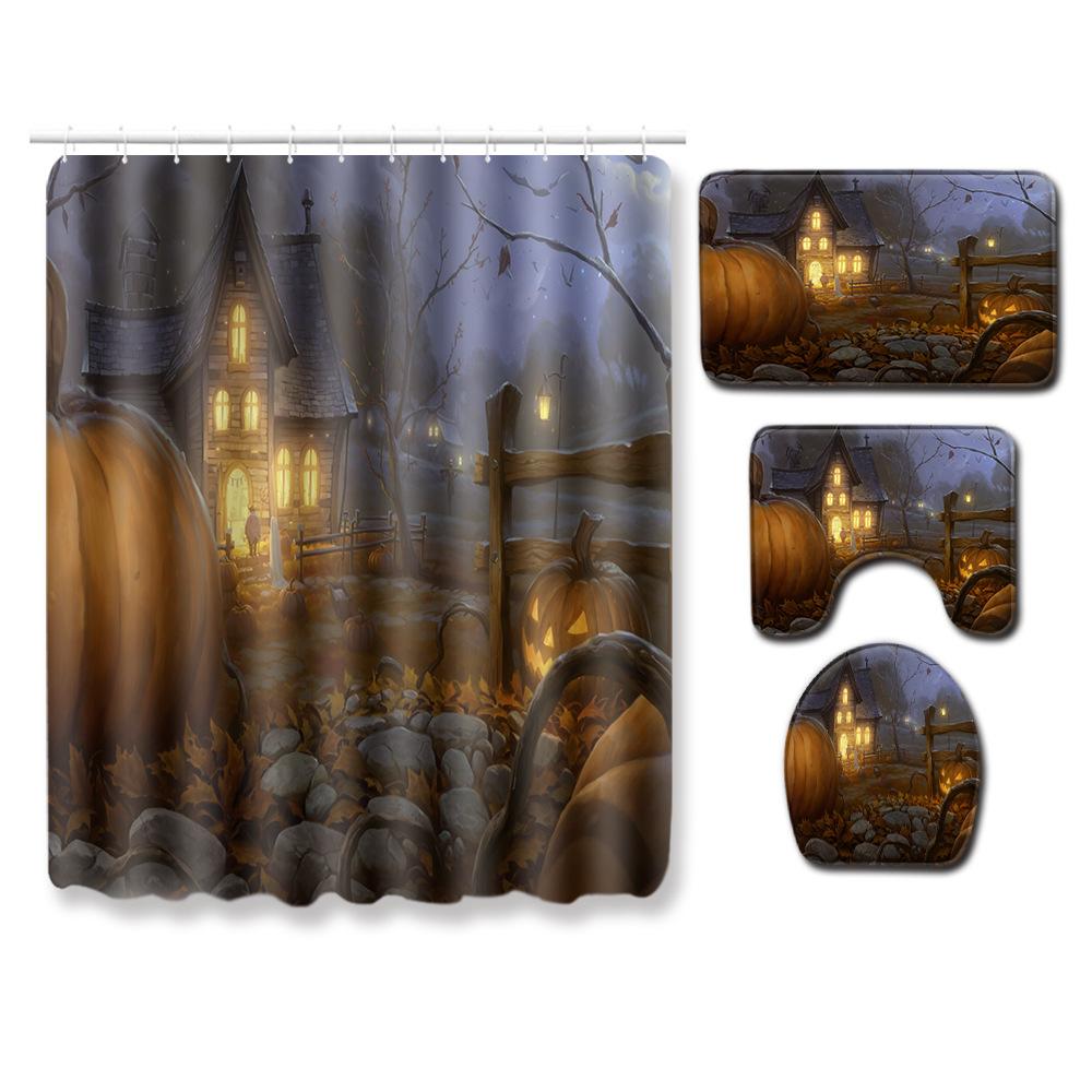 Halloween Series Bathroom Shower Curtain Floor Mat Toilet Cover Foot Mat Four-Piece Pattern Size