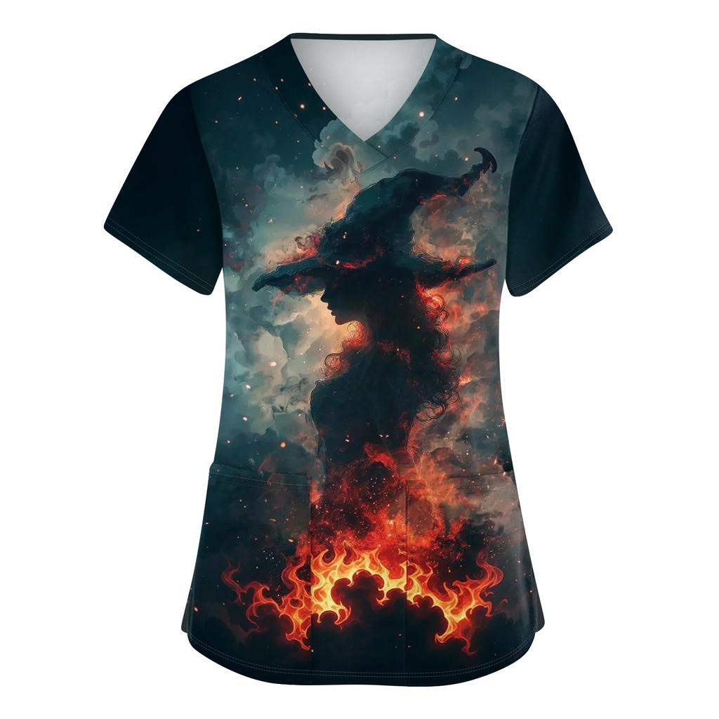 Women V Neck Short Sleeve Work Top with Side Slits and Pockets Halloween Pumpkin Print Shirt Suitable for Professional Use and Casual Wear