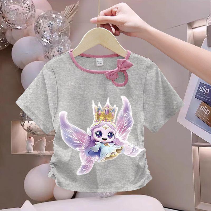 Girls' Cute Bowtie Top for Summer Children's Fashionable Round-neck Short-sleeved Pure Cotton T-shirt