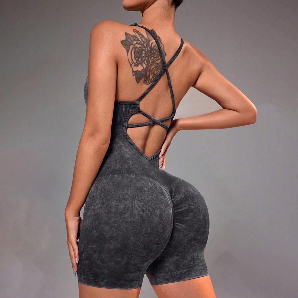 Damen Eng Anliegender Pfirsich Hüfthebender Einteiler Yogaanzug, Fitness Formender Einteiler