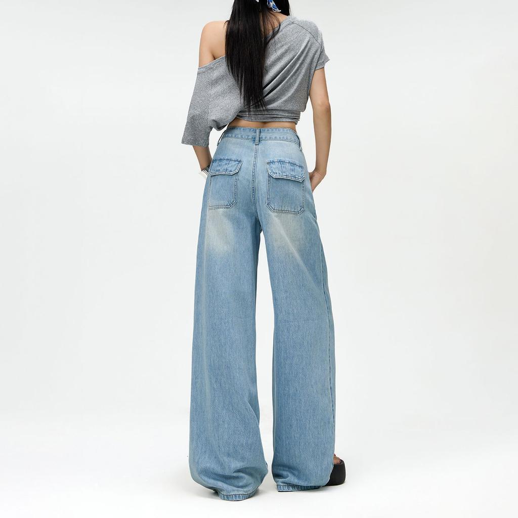 Spring Summer Lyocell Tencel Cotton Thin Drape Relaxed Pocket Floor Wide Leg Denim Pants For Ladies Casual Pants Oversize Denim Trousers