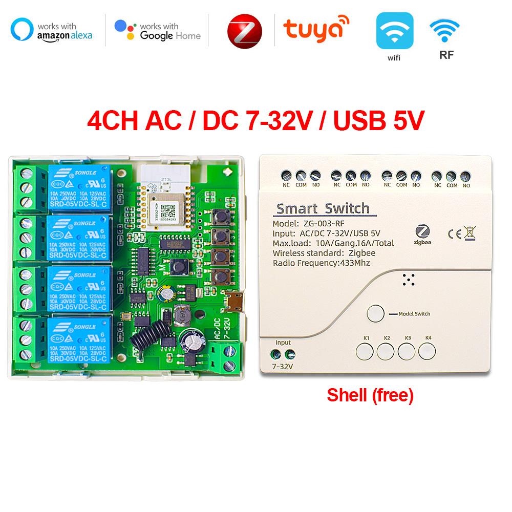 4CH Zigbee Smart Life Gate Switch Modul 12V 24V 32V 220V 1/2/4 Channel RF433 releu pentru 2MQTT Gateway SmartThings Tuya APP