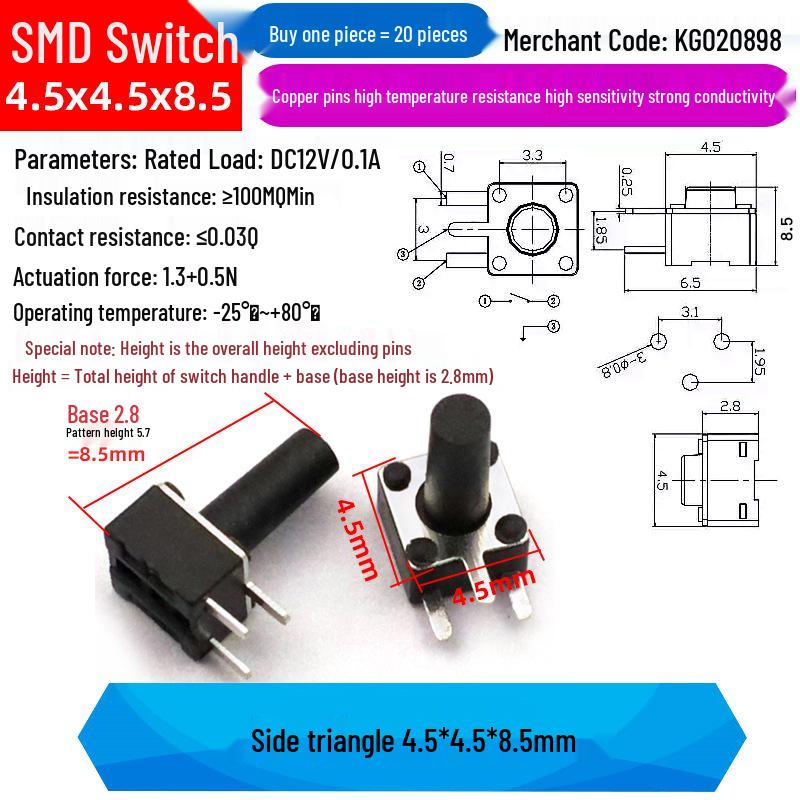 4-Pin Vertical Micro Tactile Push Button Switch for Induction Cookers (4.5x4.5mm SMD)