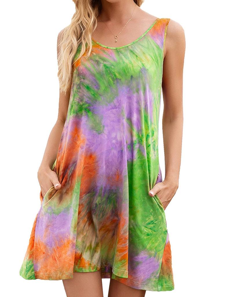 IHUASU Summer Women's Sleeveless U-Neck Pocket Tie-dye Printed Tank Top Halter Dress