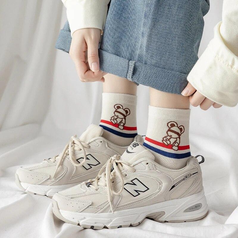 5 Pairs of Women's Spring Four-seasons Cute Cartoon Bear Striped Youthful Beautiful Fashionable and CComfortable Mid-calf Socks