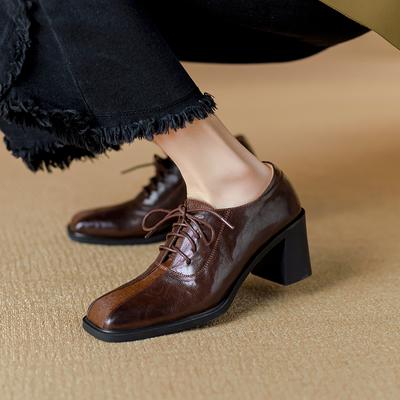 Zapatos Oxford de Cuero Genuino para Mujer Punta Redonda Negro Marrón Dama Cordones Brogues Mocasines Zapatos Casuales para Mujer Zapatos de Cuero 2024
