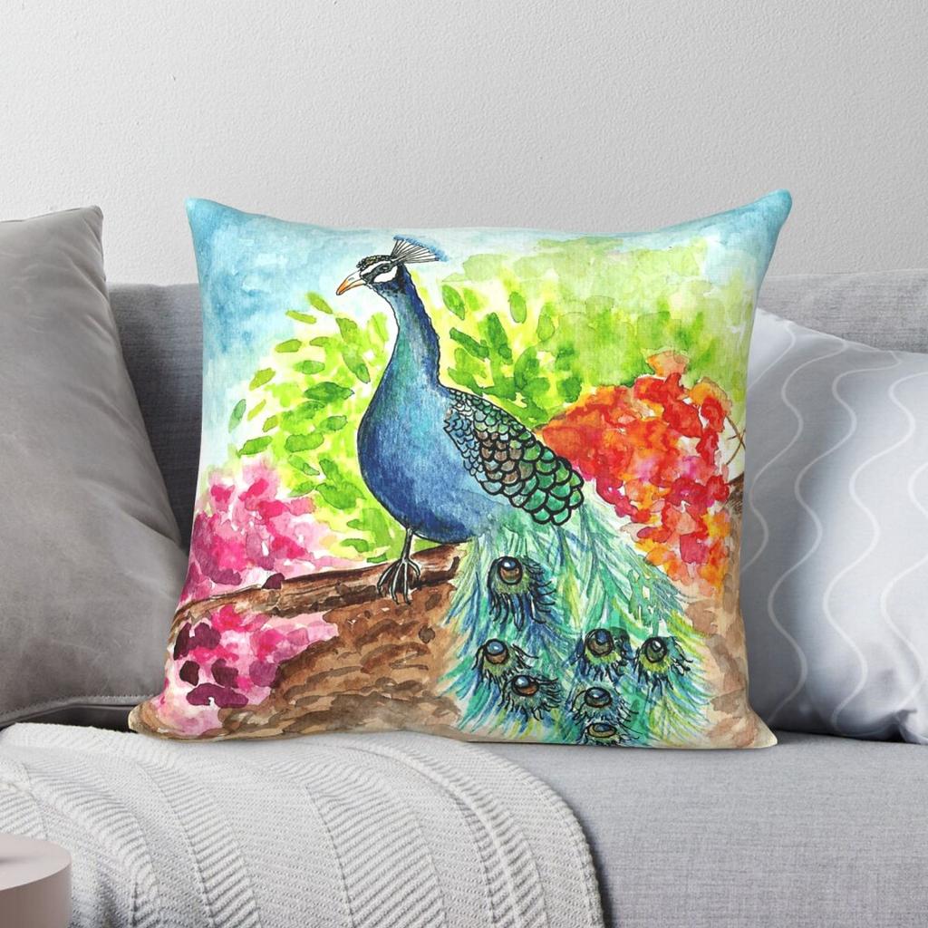 Colorfu Watercolor Peacock Pillowcase Polyester Linen Velvet Pattern Zip Decorative Pillow Case Car Cushion Cover