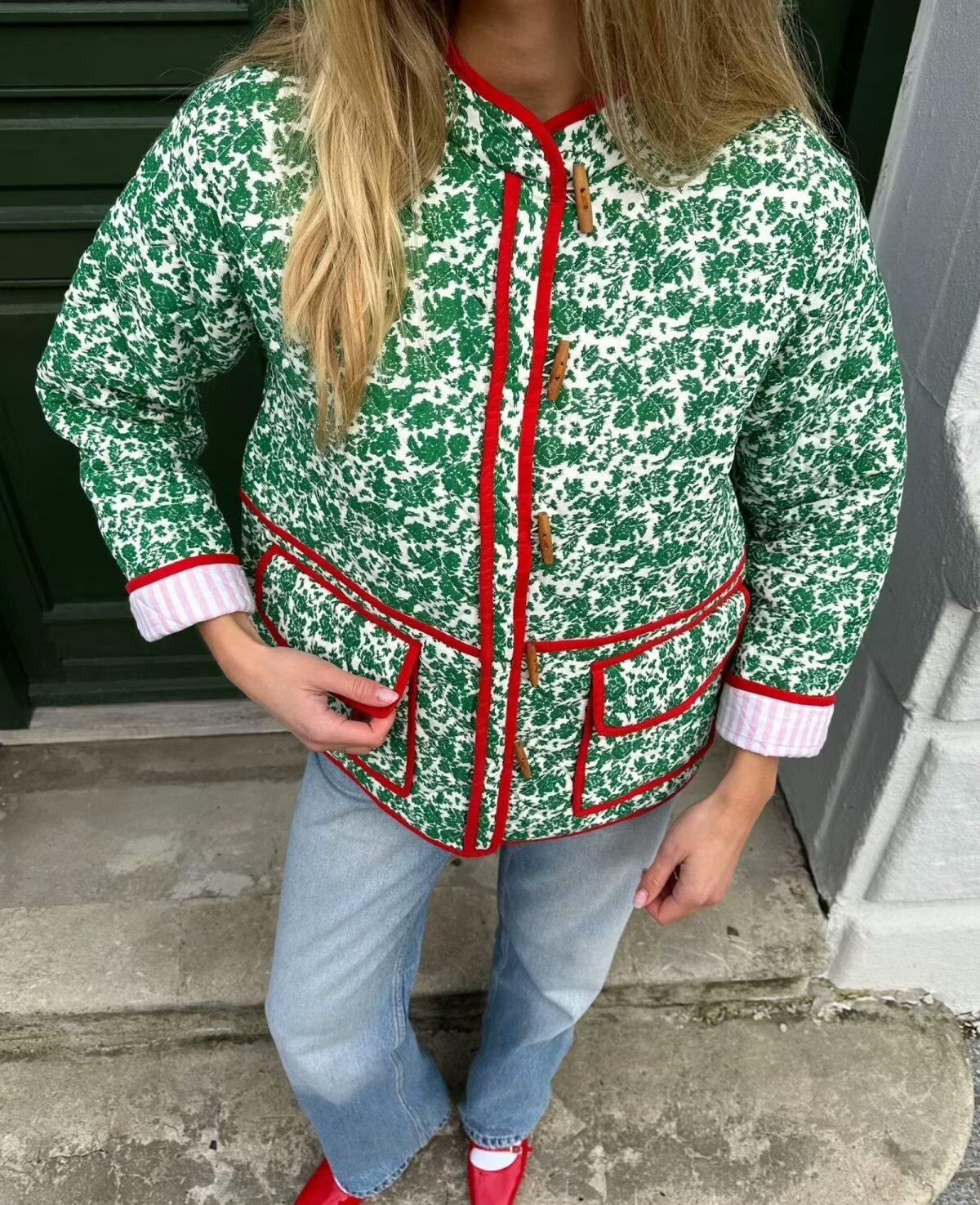 

Осень и зима Новая женская одежда Модная цветочная хлопковая куртка с контрастной подгибкой Куртка из хлопка S зелёный