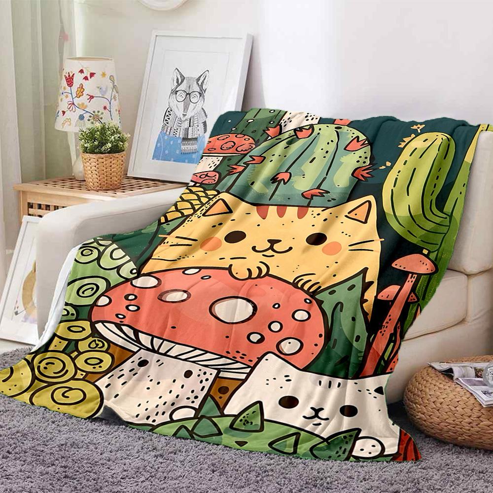 1pc Cactus Mushroom Cat Pattern Blanket, Lightweight Flannel Throw Blanket for Sofa, Bed, Travel, Camping, Living Room, Office, Couch025