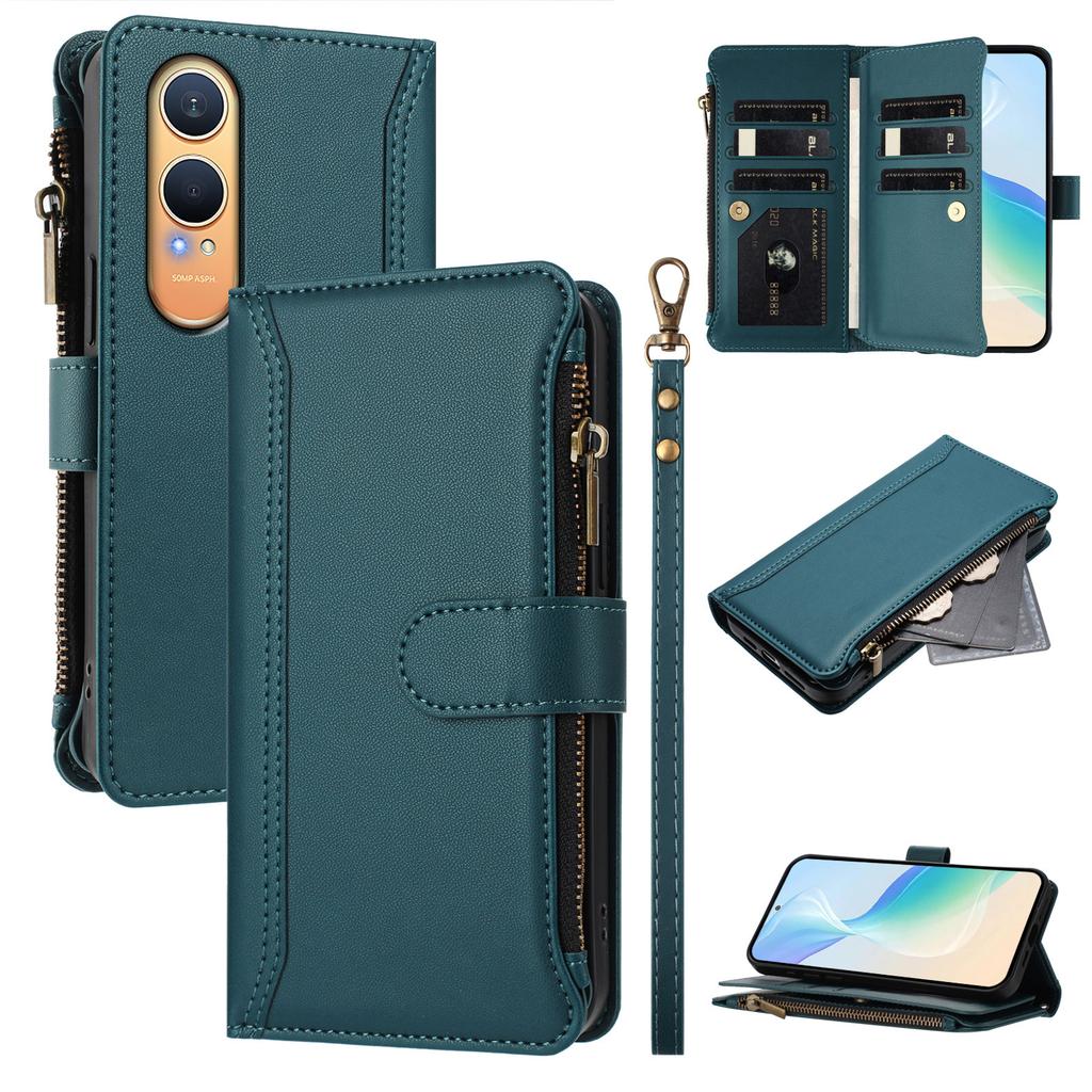 For Oppo K12x 5G (China)/OnePlus Nord CE4 Lite 5G Leather Case 9 Card Slots Zipper Wallet Stand Phone Cover with Wrist Strap