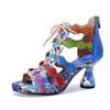 Johnature Women's Handmade Genuine Leather Colorful Bohemian Style Riveted High Heel Sandals