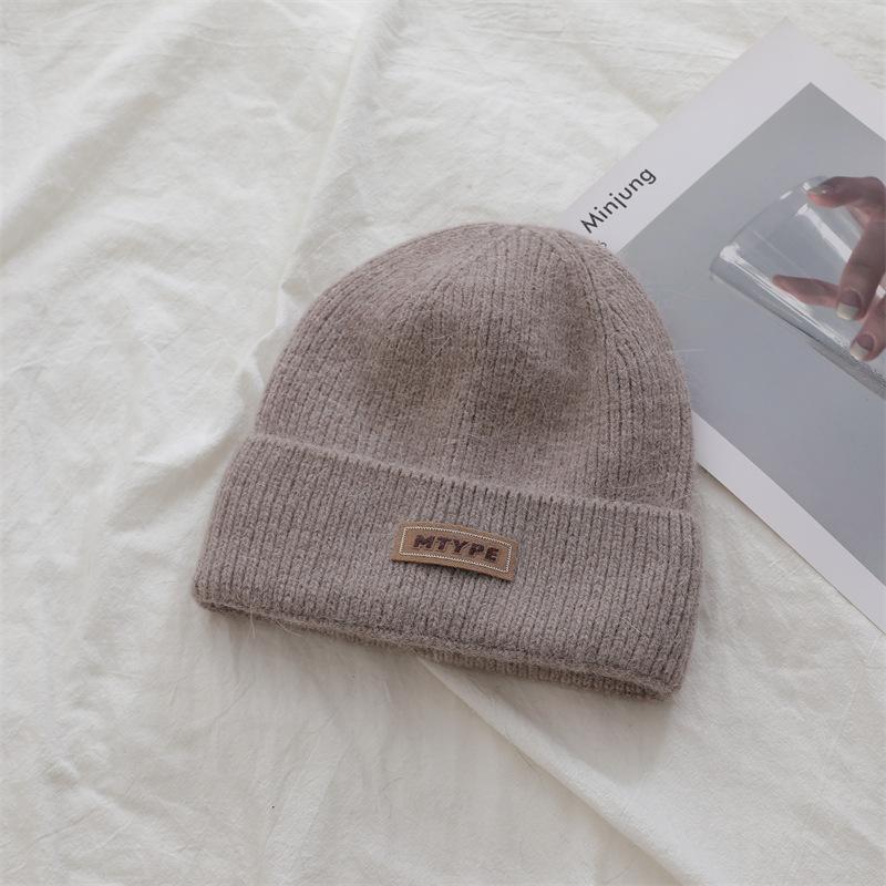 Korean Style Rabbit Fur Knitted Label Hat for Autumn and Winter Thickened To Show Face  Small Ear Protection Couple's All Match Pullover Hat