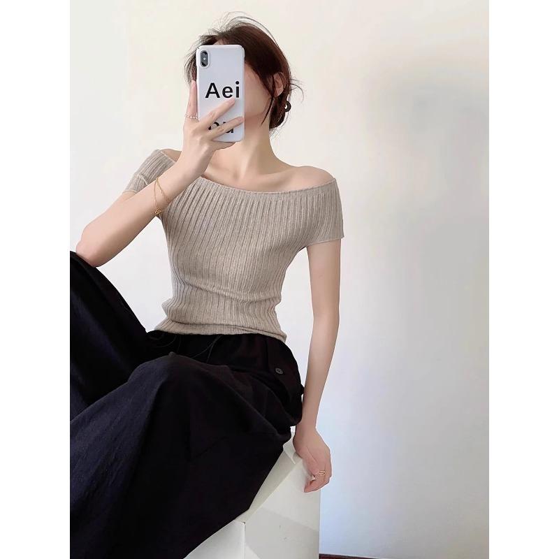 

Womens Off Shoulder Ribbed Knit Short Sleeve Top S