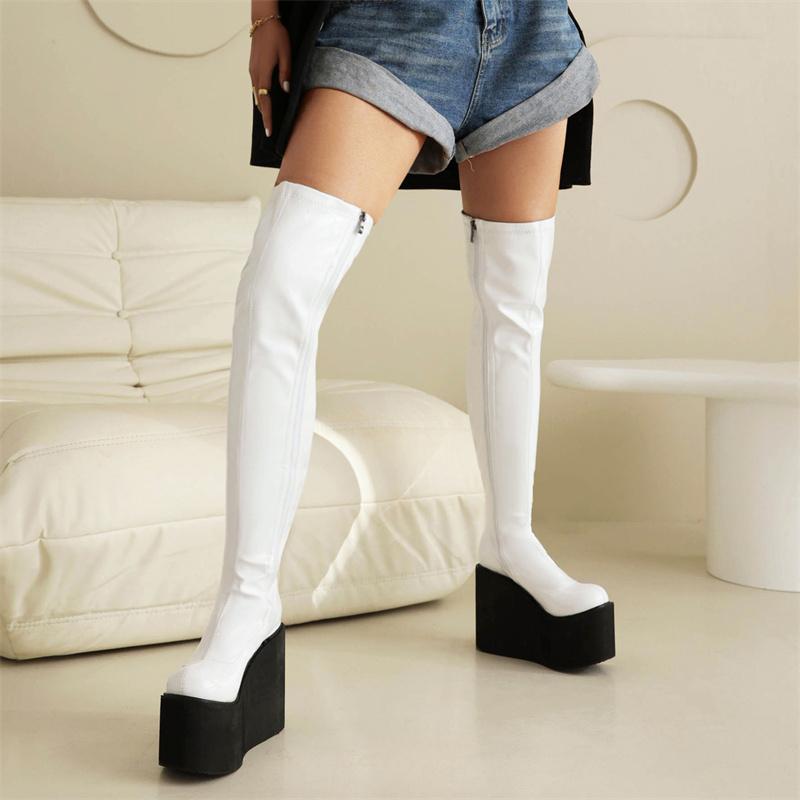 Wedge Women's Thigh High Boots Female Platform PU Leather Wedge Heeled Over the Knee Boot Red Black Long Fetish Shoes Large Size