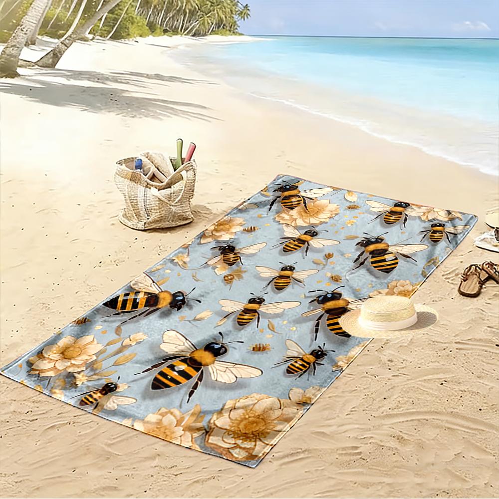 Bee Pattern with Flowers on Blue Background Beach towel quick-drying for travel outdoor sports jogging beach and swimming