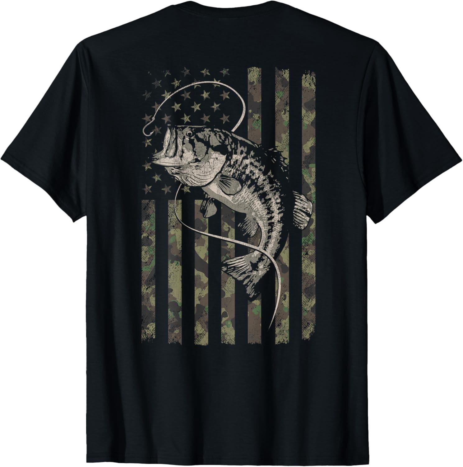 Fishing Camo American Flag Bass Fish (Design on Back) T-Shirt S разноцветный