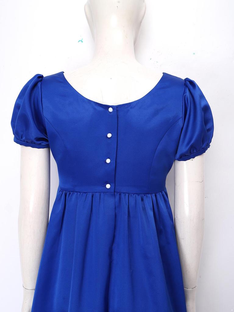 Maxikleid mit quadratischem Ausschnitt und Puffärmeln, mit Kunstperlen, Empire-Taille, Knöpfe hinten, Satin, Regency-Kleid für Damen, Party, Ball
