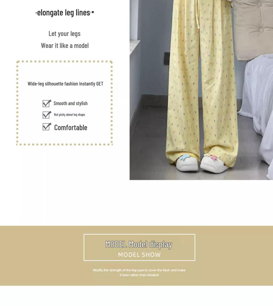 Women's 2024 Summer Yellow Polka Dot Wide-Leg Ice Silk Pants