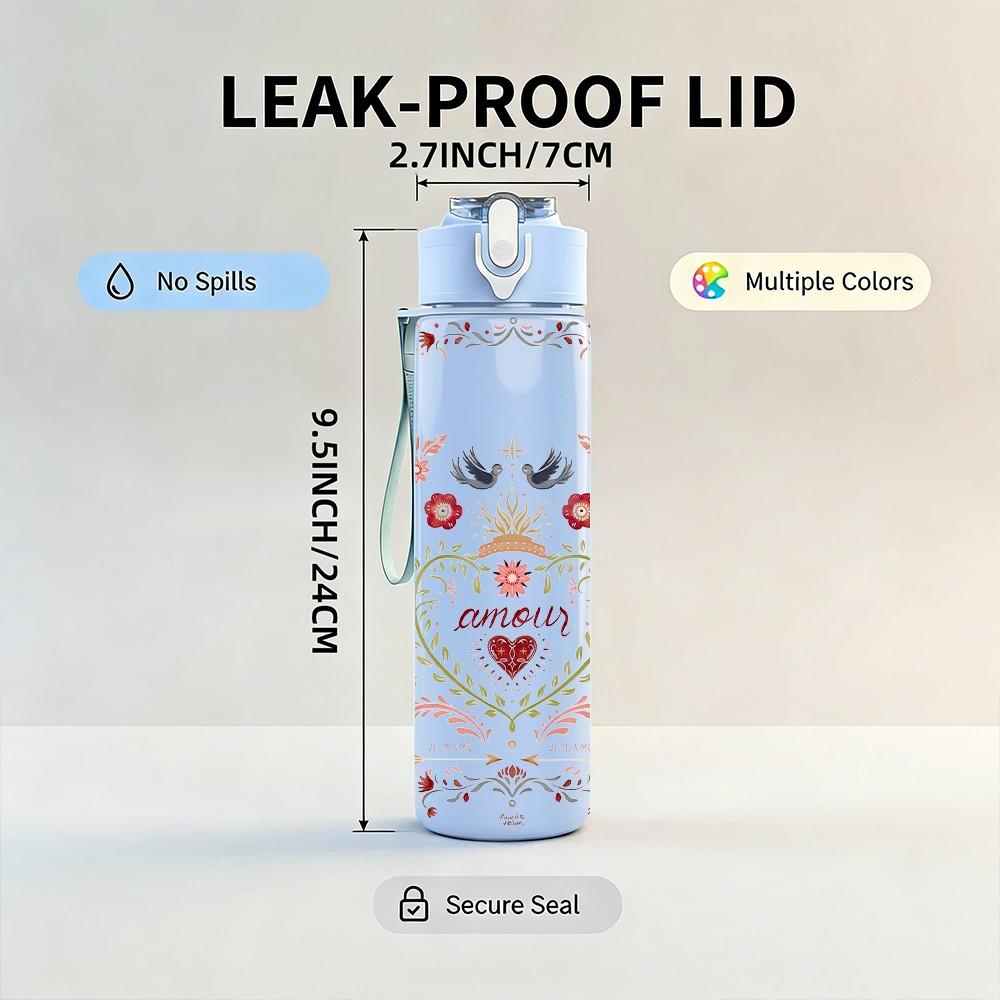 1PC Lace Heart Bow Romantic Vintage Pattern 750ml Color Plastic Sports Water Bottle Leakproof Flip Straw Lid Suitable for Sports Office Home Use