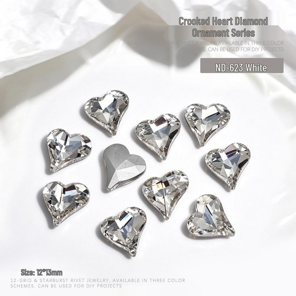 "10-Piece Heart-Shaped Nail Art Accessories with Pointed Bottom Transparent and Colorful Diamonds"