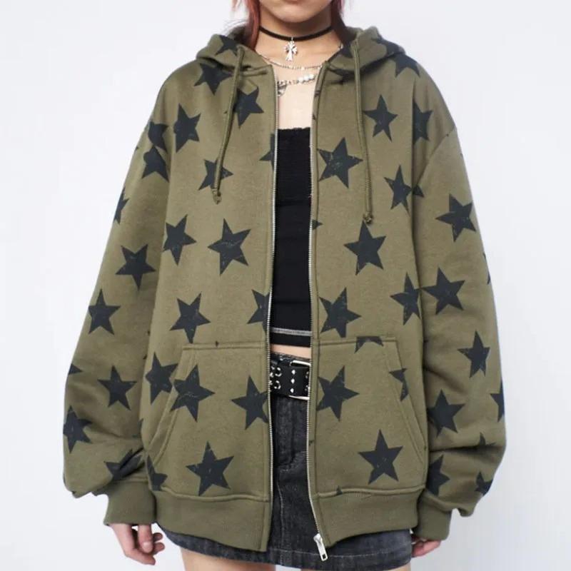 Y2k Clothes Vintage Star Oversized Sweatshirt Jacket Harajuku Goth Long Sleeve Women Sweatshirt 2000s Hip Hop Zip Up Hoodies Top