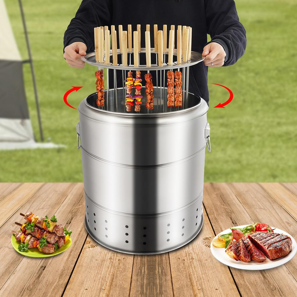 Tragbarer Holzkohle-Fassgrill mit Grillzubehör-Set, Edelstahl-Holzkohlegrill für den Hinterhof-Grill und Camping
