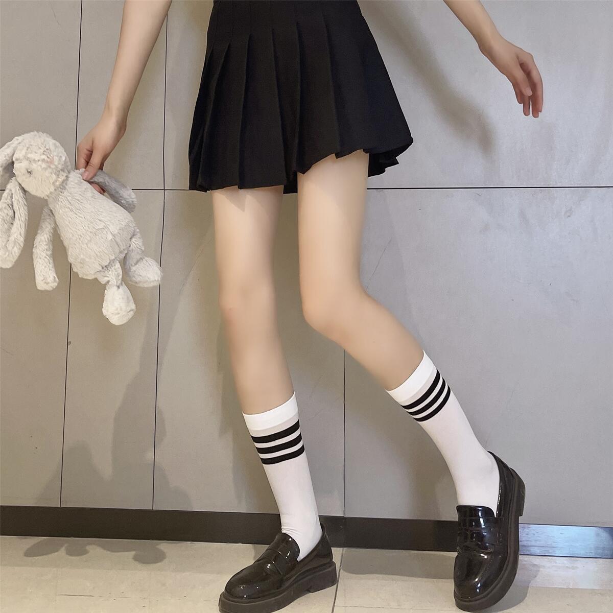 

Japanese White Jk Tube Socks Sweet College Style Striped Socks Velvet Calf Socks Women S Knee Socks Ins Style one size fits all