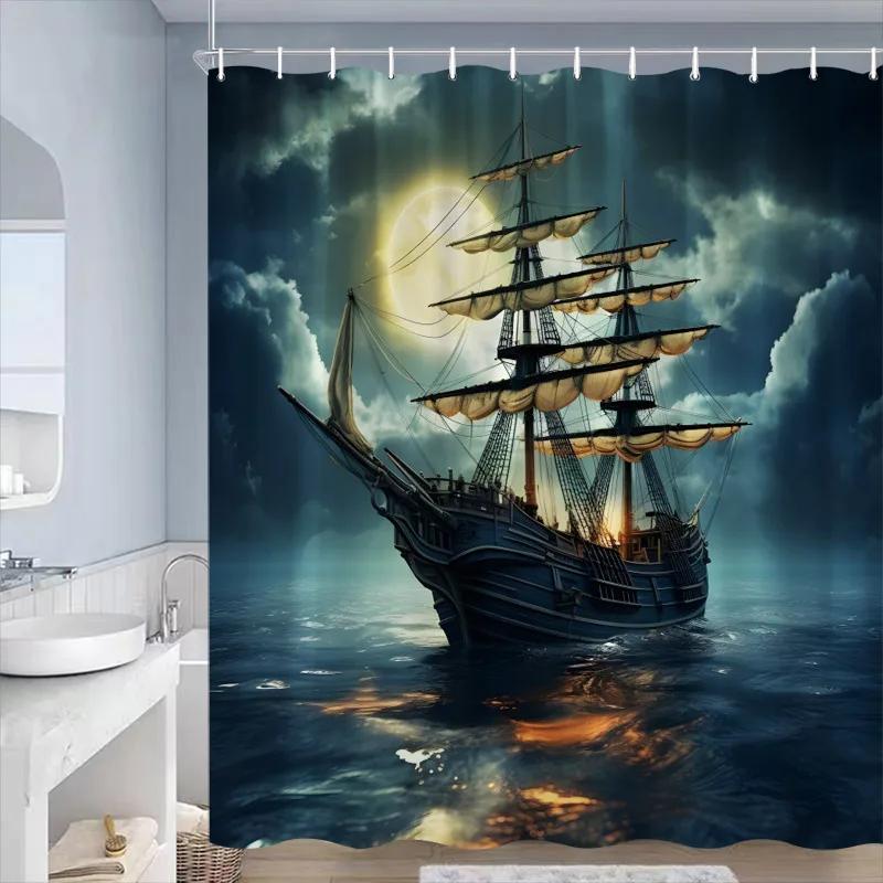 Sea Waves Sailboat Shower Curtains Night Lightning Ocean Nature Landscape Bathroom Curtain Decorative Polyester Cloth with Hooks