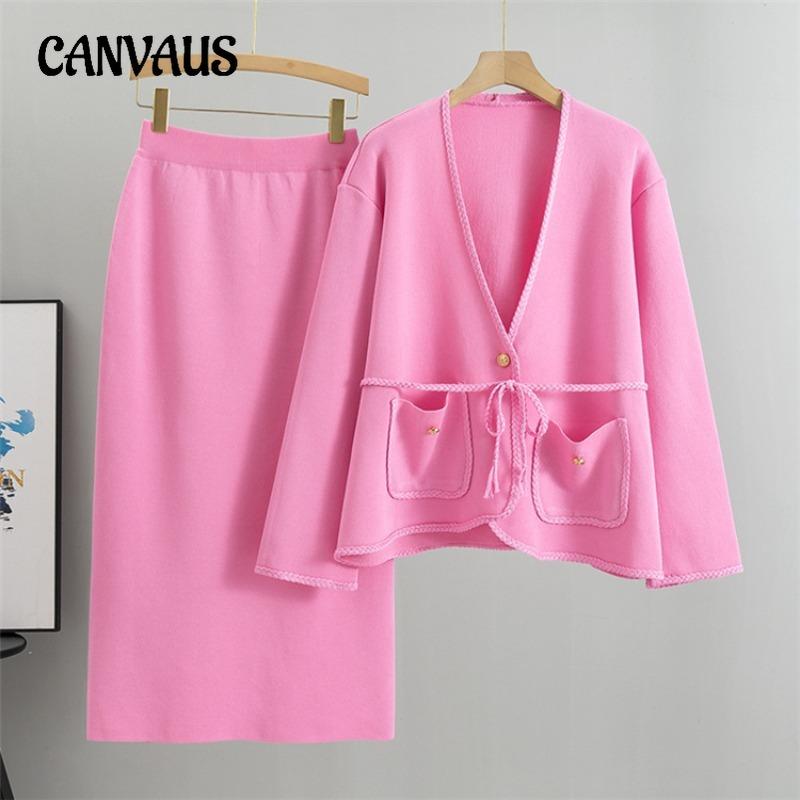 Autumn Women's Sweater Suit Plus Size Knitwear Casual Chambray Jacket Knitted Belt Fashion Skirt Suit