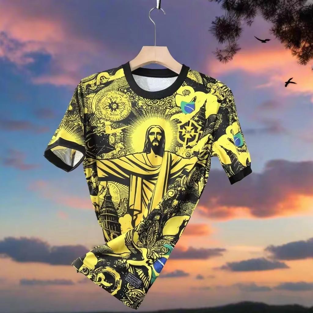 Maglia Estiva Brasile Gesù Calcio Allenamento Calcio all'Aperto Maglia Traspirante T-shirt Asciugatura Rapida per Sport Corsa