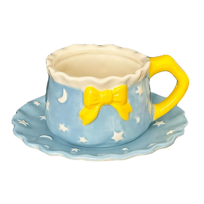 Kleine frische Sternenhimmel Tasse und Untertasse Keramik Kaffeetasse Büro Mädchen Herz Schleife Nachmittagstee Tasse und Untertasse Souvenir