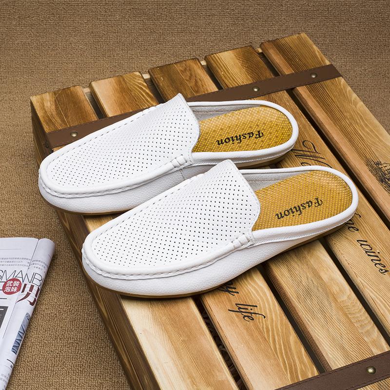 Fashion Brand Summer Half Men's Shoes Genuine Leather Breathable Loafers Slip On Casual Mulles Men Half Slippe Moccasins Plus Size 38-46