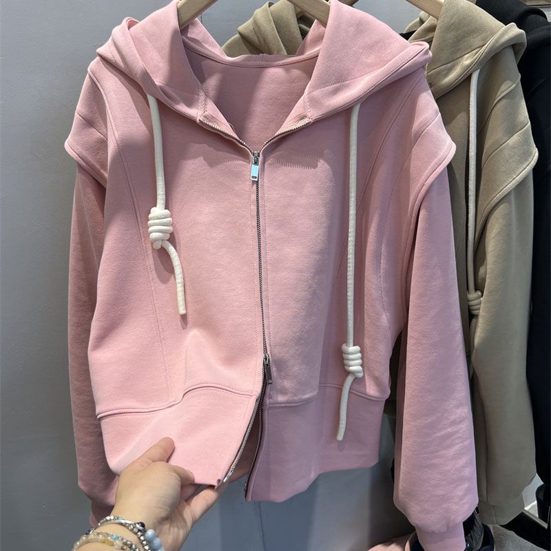 Double Zipper Hooded Sweater Short Jacket Womens Spring and Autumn Versatile Niche Top Cardigan